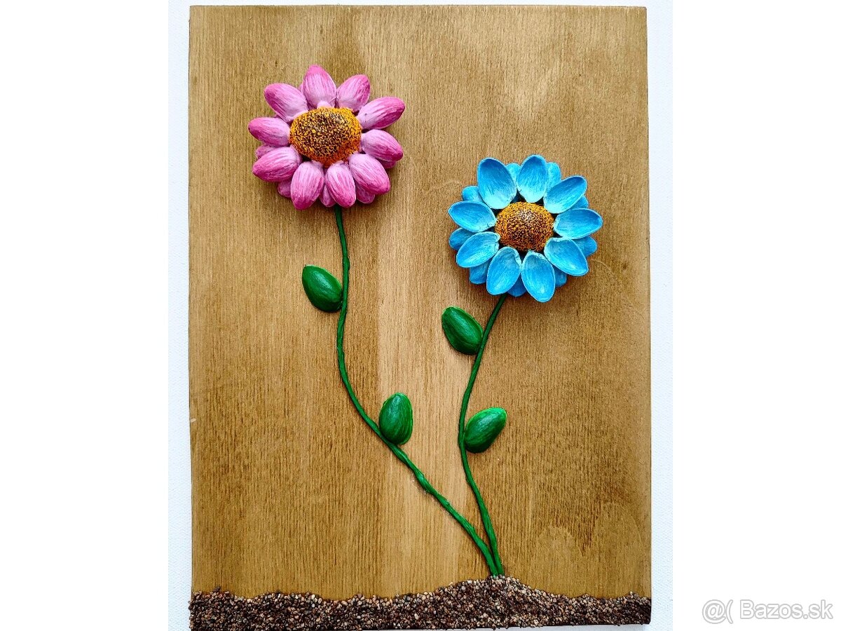Predám kvety na dreve z prírodných materiálov, 27 x 20 cm
