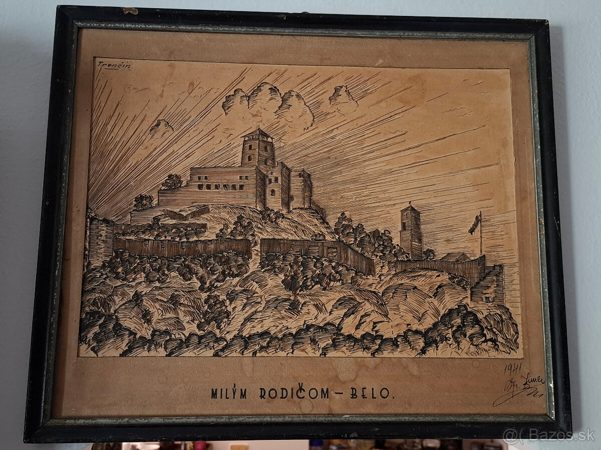 Predám obraz Trenčianský hrad Sig. Zimen 1941 rezba do karto
