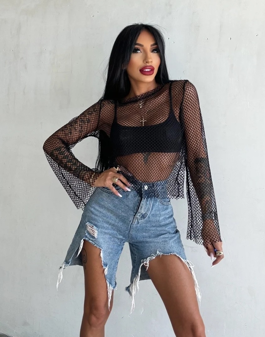 Stylovy damsky cierny sietovany top s dlhym rukavom NOVY