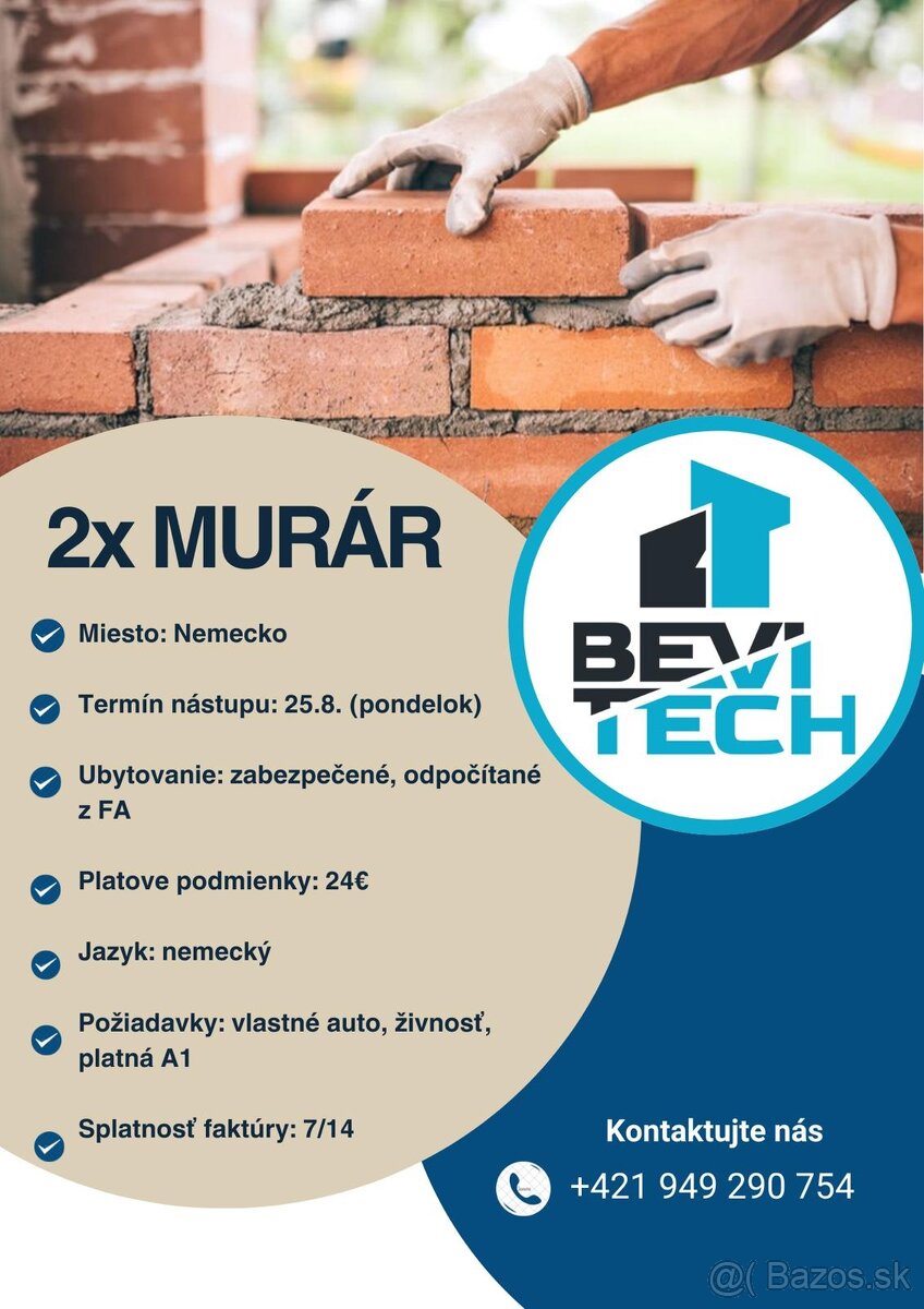 Murári práca Nemecko - jednotlivec aj dvojica