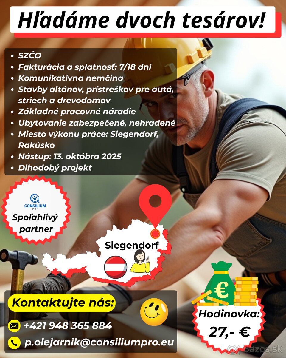 Hľadáme dvoch tesárov na dlhodobý projekt, Rakúsko.
