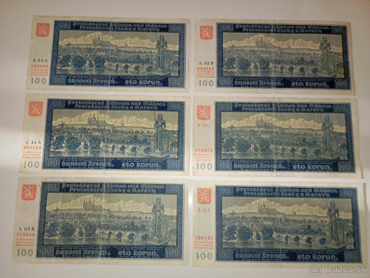 BANKOVKY 100 K, 1940, RŮZNÉ SÉRIE, VŠE NEPERFOROVANÉ