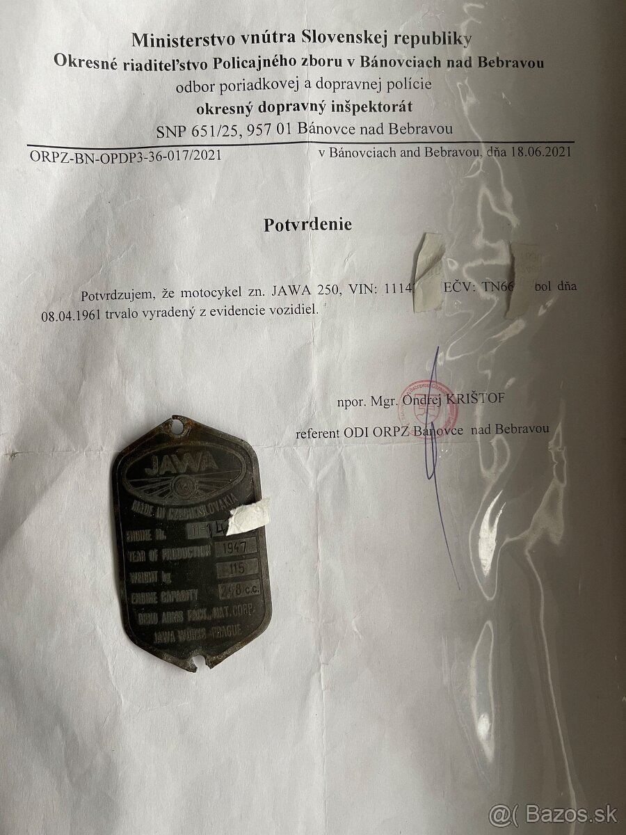Jawa 250 perak - doklad o vyradeni s evidencie