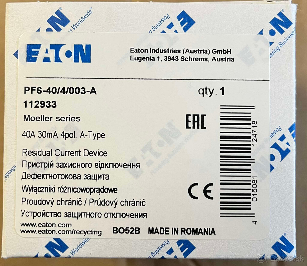 Prúdový chránič PF6 - 40A/4P/30mA, Typ A - 112933(Eaton)