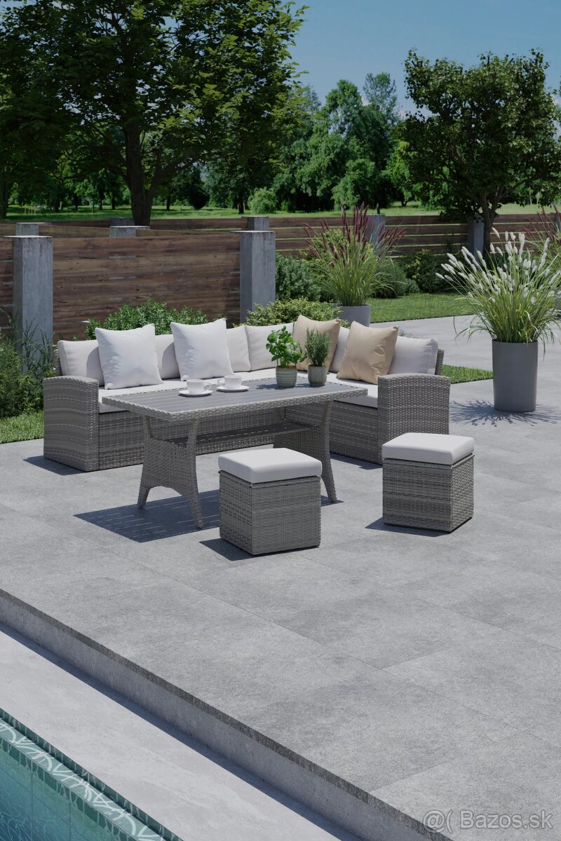 NOVÝ RATANOVÝ ROHOVÝ SET DO ZÁHRADY KOMPLET STOL + TABURETY