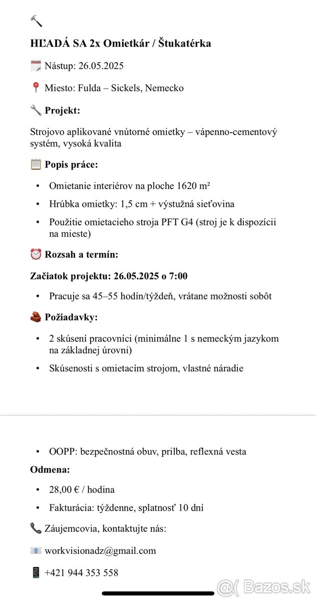 🔨 HĽADÁ SA 2x Omietkár / Štukatérov