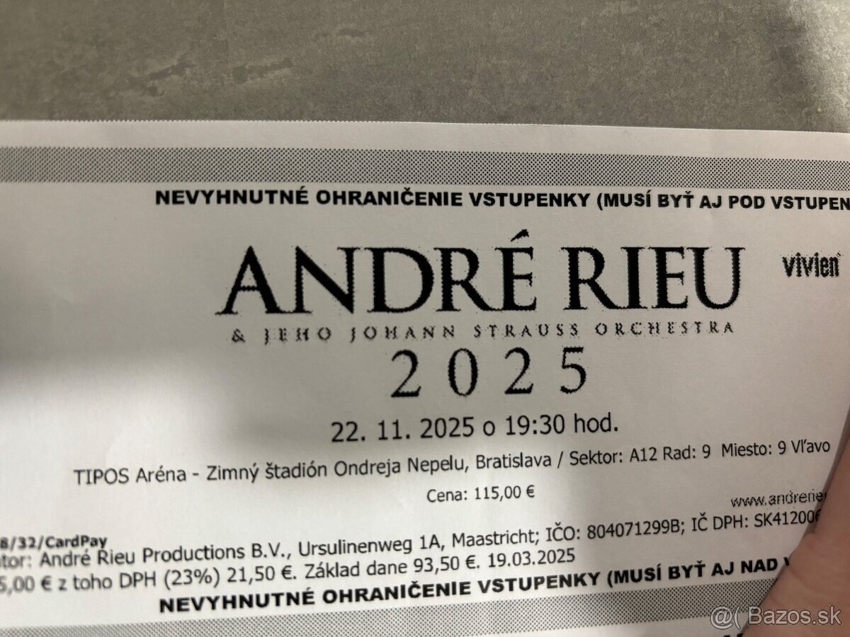 2ks lístky na koncert André Rieu v Bratislave