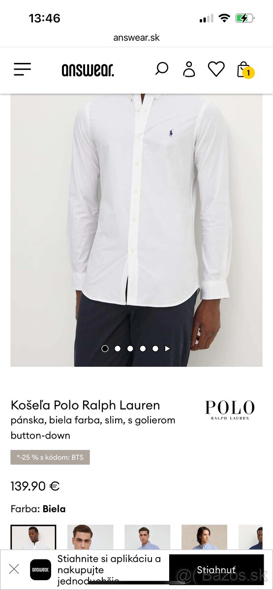 Košeľa Polo Ralph Lauren pánska biela farba, slim, s golier