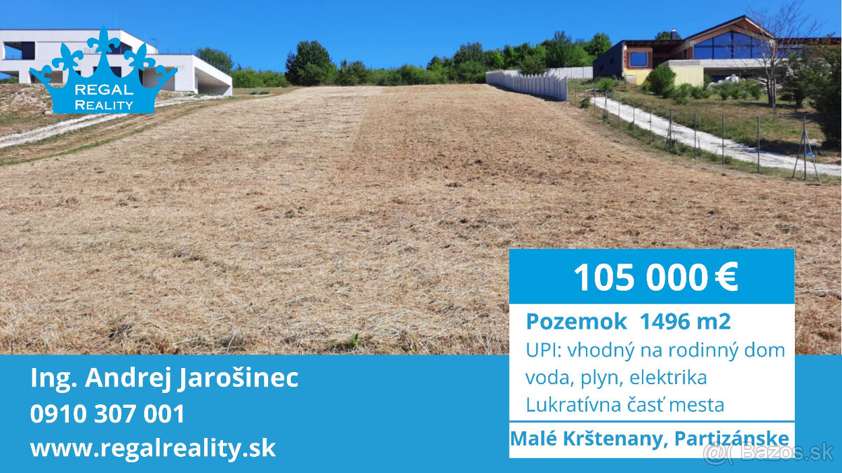 Lukratívny POZEMOK č. 2 na RD, 1496 m2, Partizánske