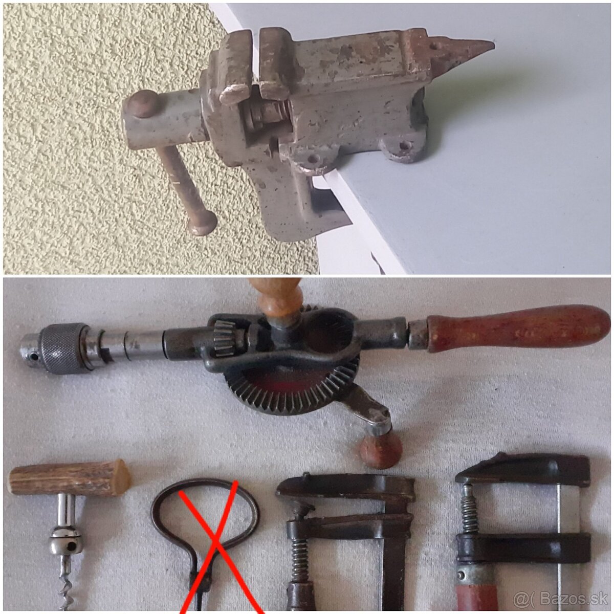 Zverák s kovadlinkou, vŕtačka, svorky, vývrtky