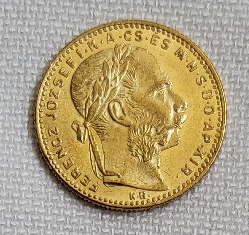 Zlatý uhorský 8 zlatník FJI 1890 kb, TOP stav