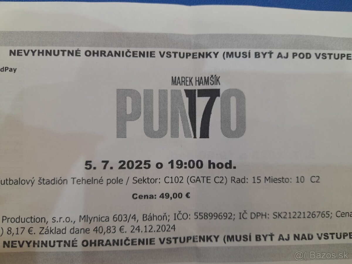 Predám vstupenky na Hamšikovu rozlučku