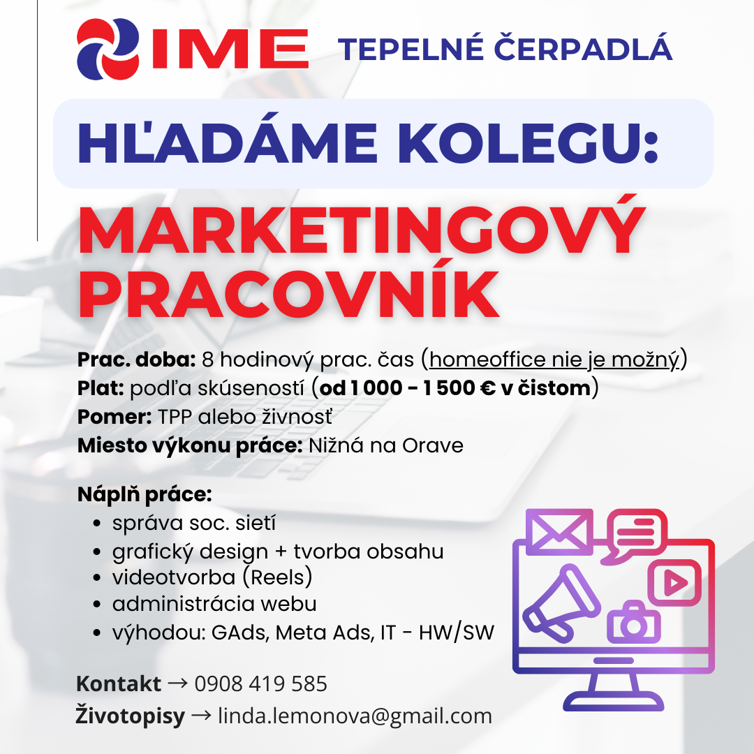 Hľadáme: Marketingový pracovník - IME Tepelné Čerpadlá