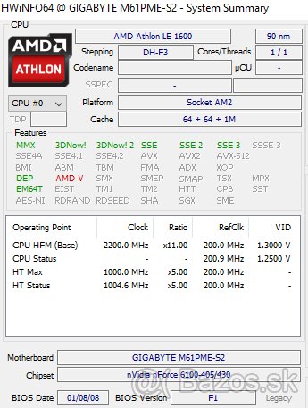 AMD Athlon LE-1600 BOX 2,2GHz 2200MHz, 1MB cache