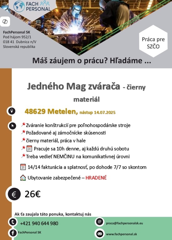 Práca v Nemecku pre 1 MAG zvárača od 14.7. - živnosť
