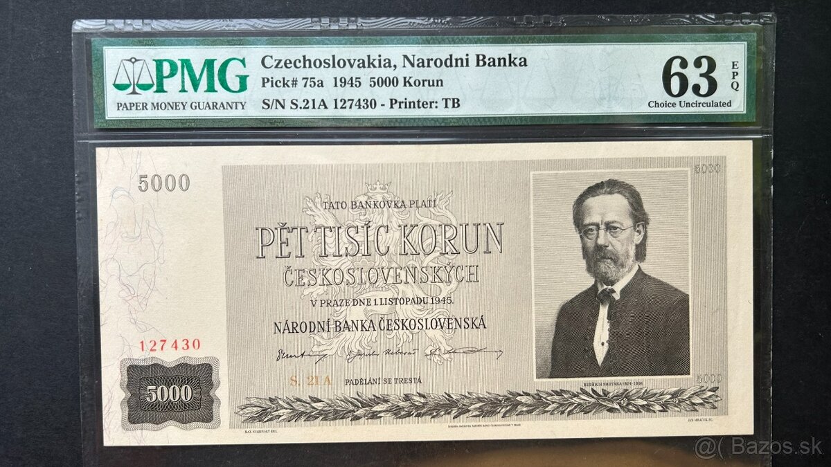 Bankovky ČSR 1945 Smetana Neperforovaná PMG