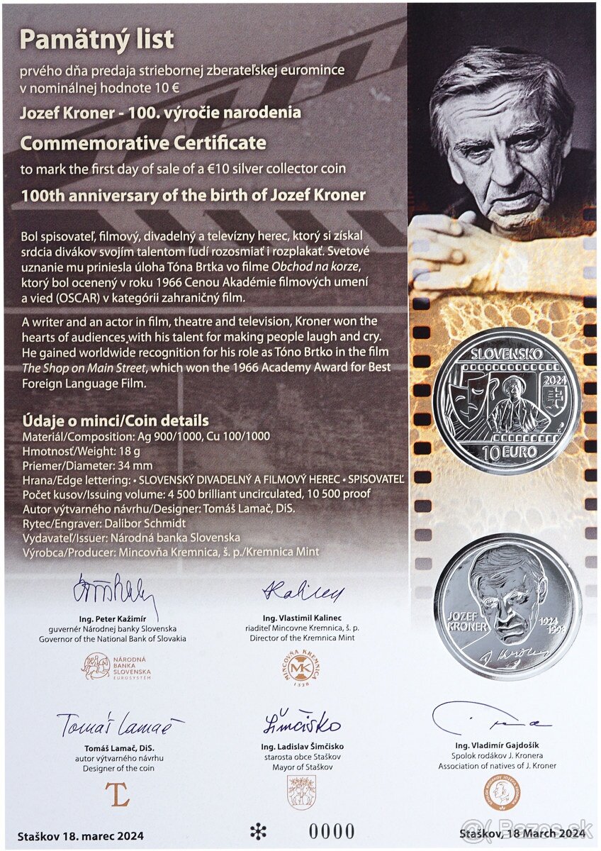 Pamätný list Jozef Kroner