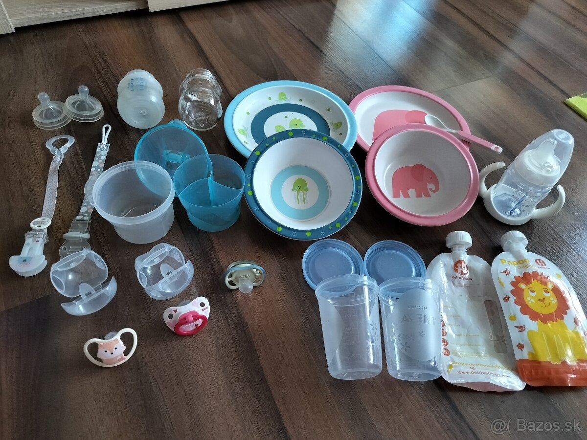 Jedálenský set, fľaša NUK,cumle, dávkovač Avent