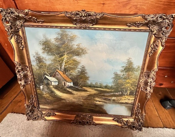 Starozitny malovany obraz v blondelovom rame / poskodeny /