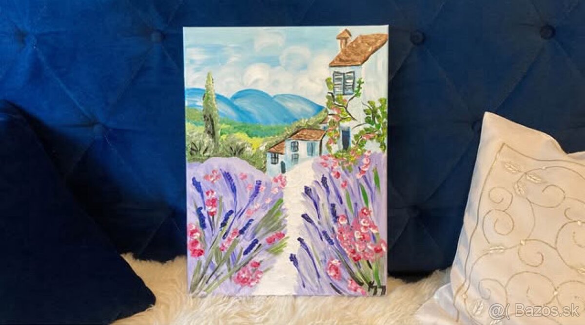 maľovaný obraz – 30x40cm Levanduľová záhrada na vidieku