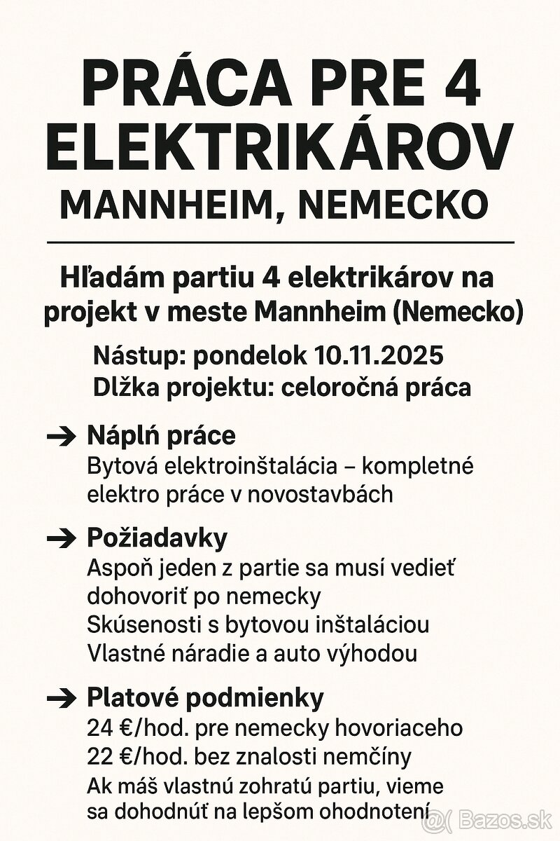 Práca pre 4 elektrikárov – Mannheim, Nemecko