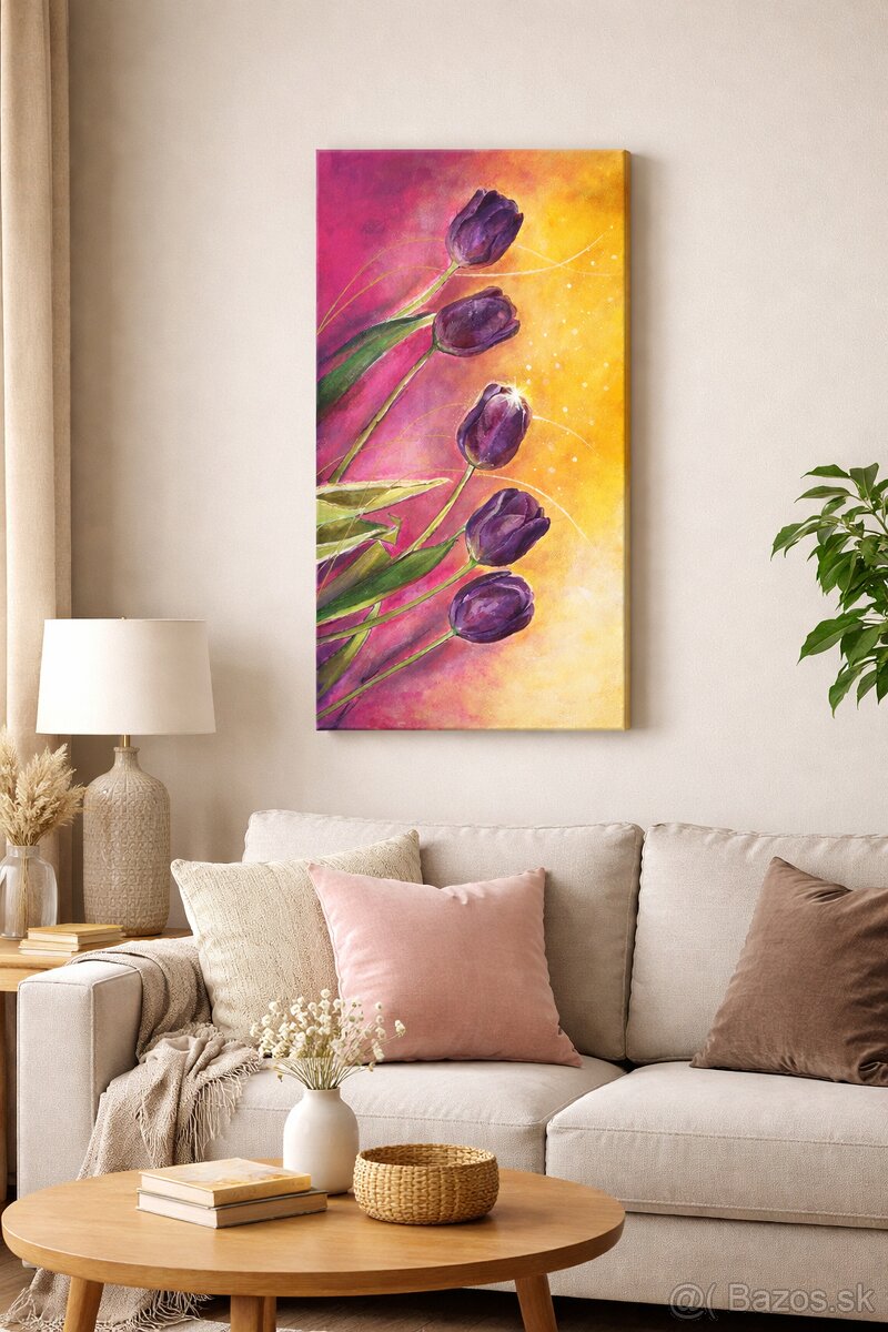 Tulipány – originálna akrylová maľba na plátne 30×60 cm