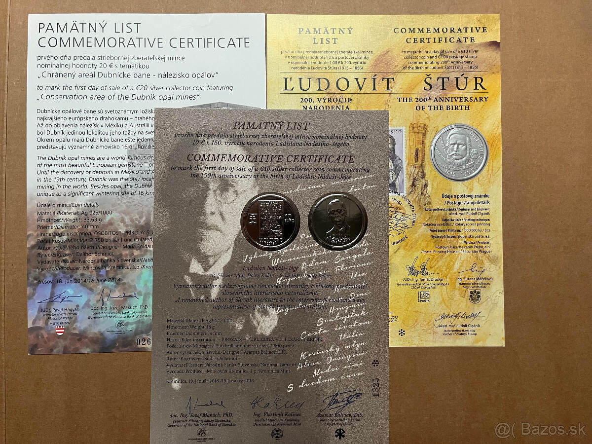 Predám pamätné listy k SK euro strieborným minciam