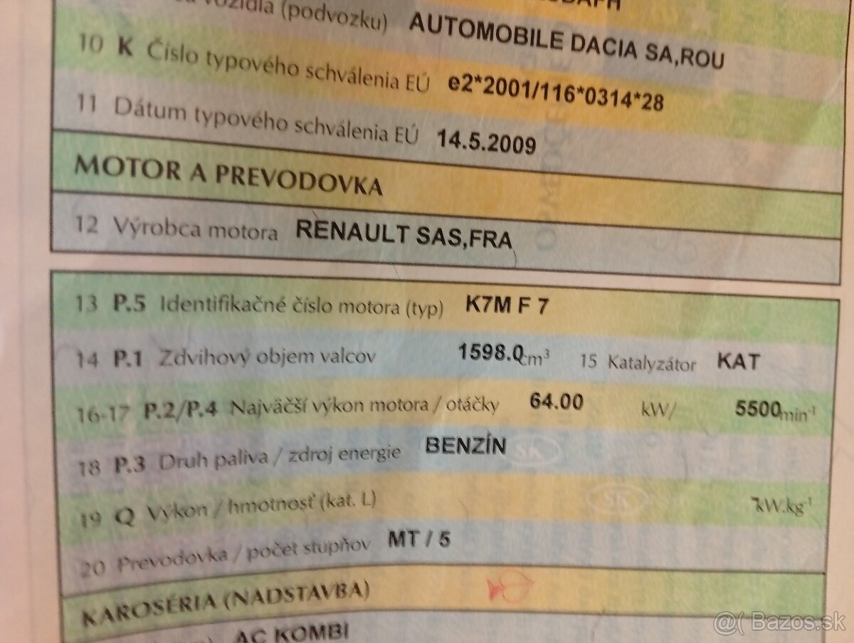 Kúpim motor Dacia Logan 1.6 64kw kód motora K7MF7