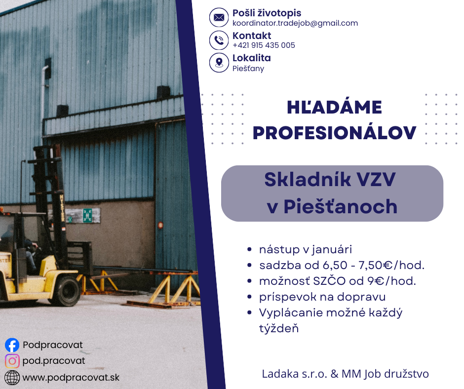 Skladník VZV v Piešťanoch