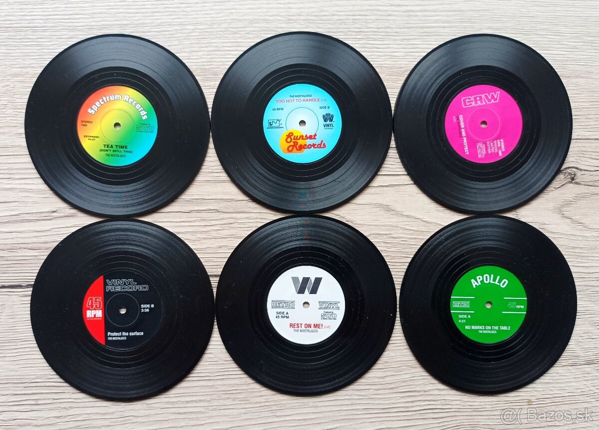 6 originálních podtácků jako gramodesky, průměr 10 cm