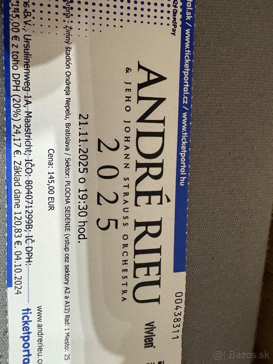 André rieu 1ks vstupenka ,rad 1,miesto 25