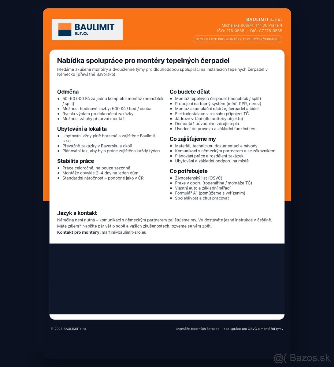 Montáž tepelných čerpadiel v Nemecku –2400€ za zákazku