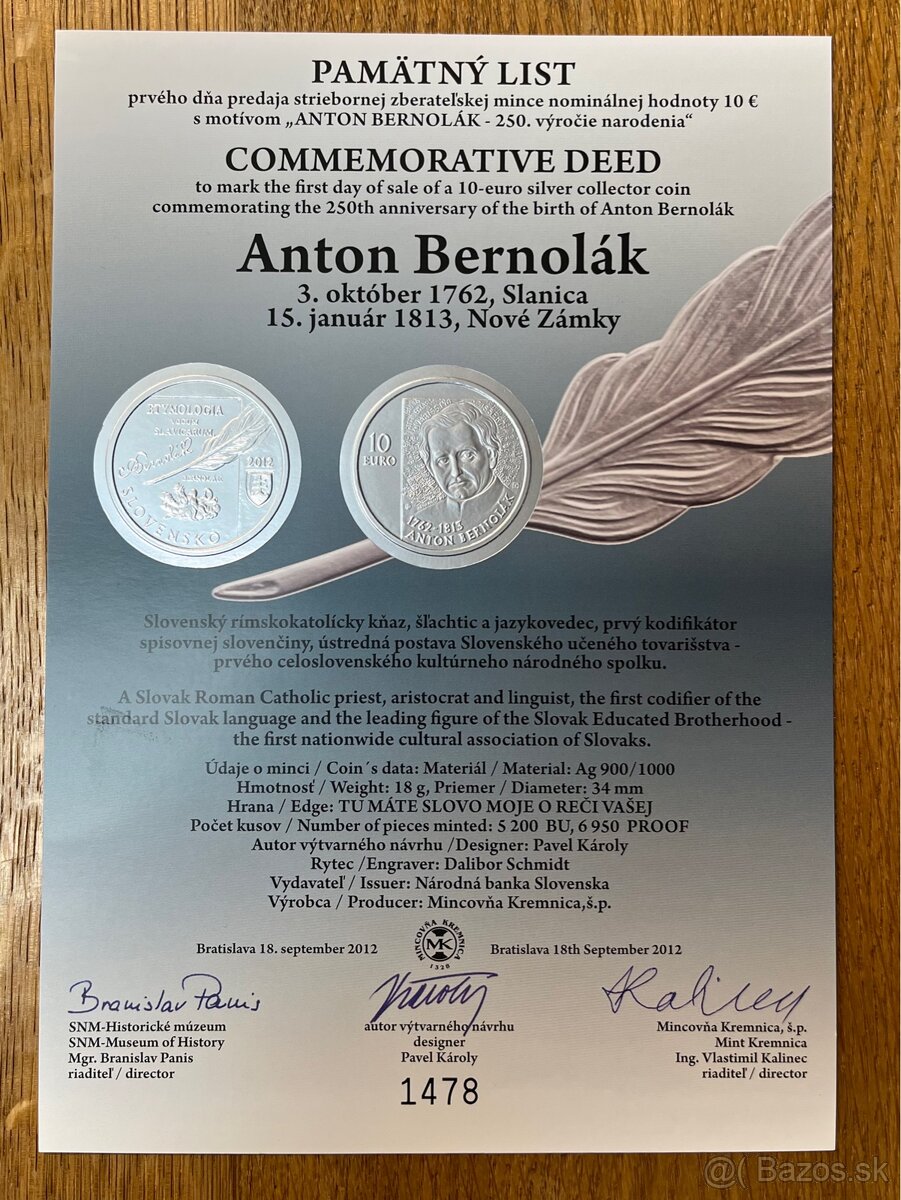 Pamätný list - 10 € - Anton Bernolák