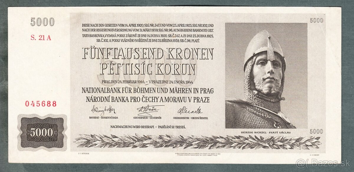 Staré bankovky 5000 korun 1944 NEPERFOROVANA, VZÁCNÁ, pěkná