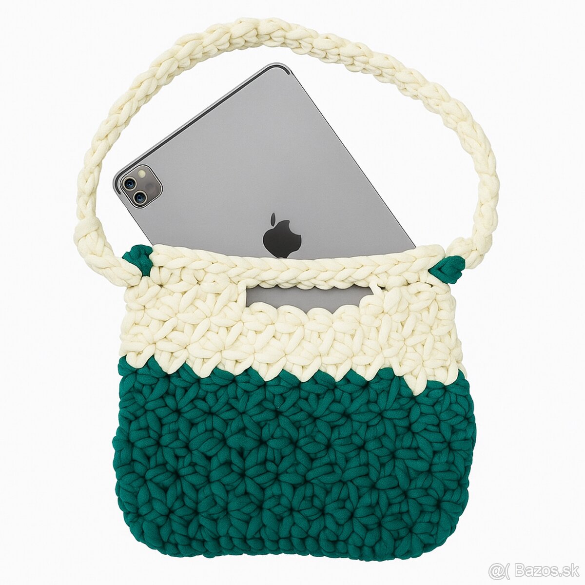 Háčkovaná crossbody kabelka z bielo-zelených priadzí