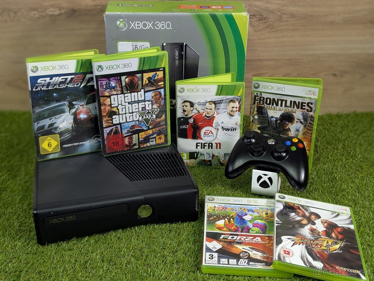 Xbox 360 Slim/E, 1 ovládač, kinect, 7 hier (GTA, NFS, a iné)
