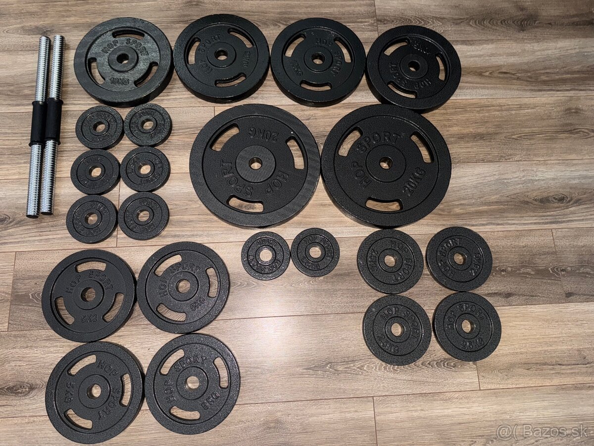 Činkový set + nastaviteľná lavica Hop-Sport – výborný stav