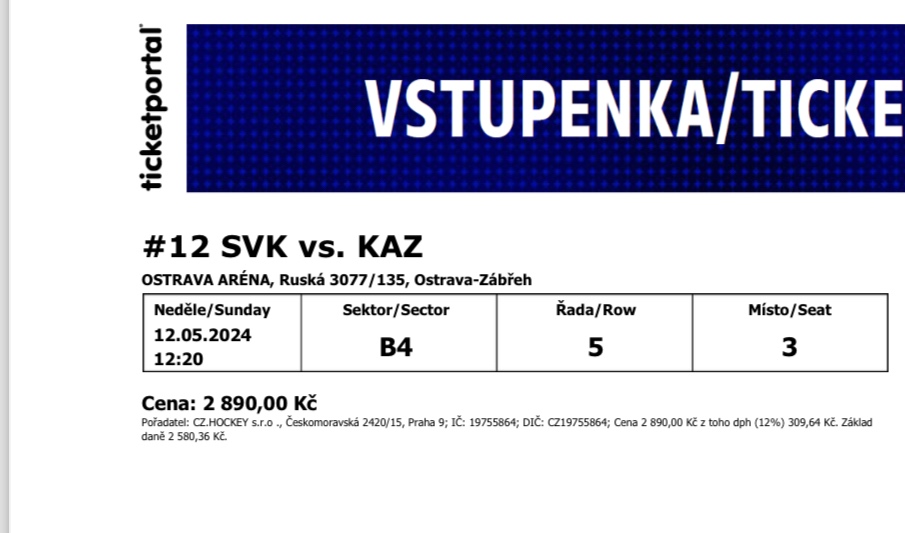 2 lístky na hokey na nedelu 12.05.2024 SVK- KAZ Ostrava
