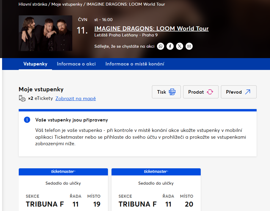 Vstupenky Imagine Dragons Praha 11.6.2025