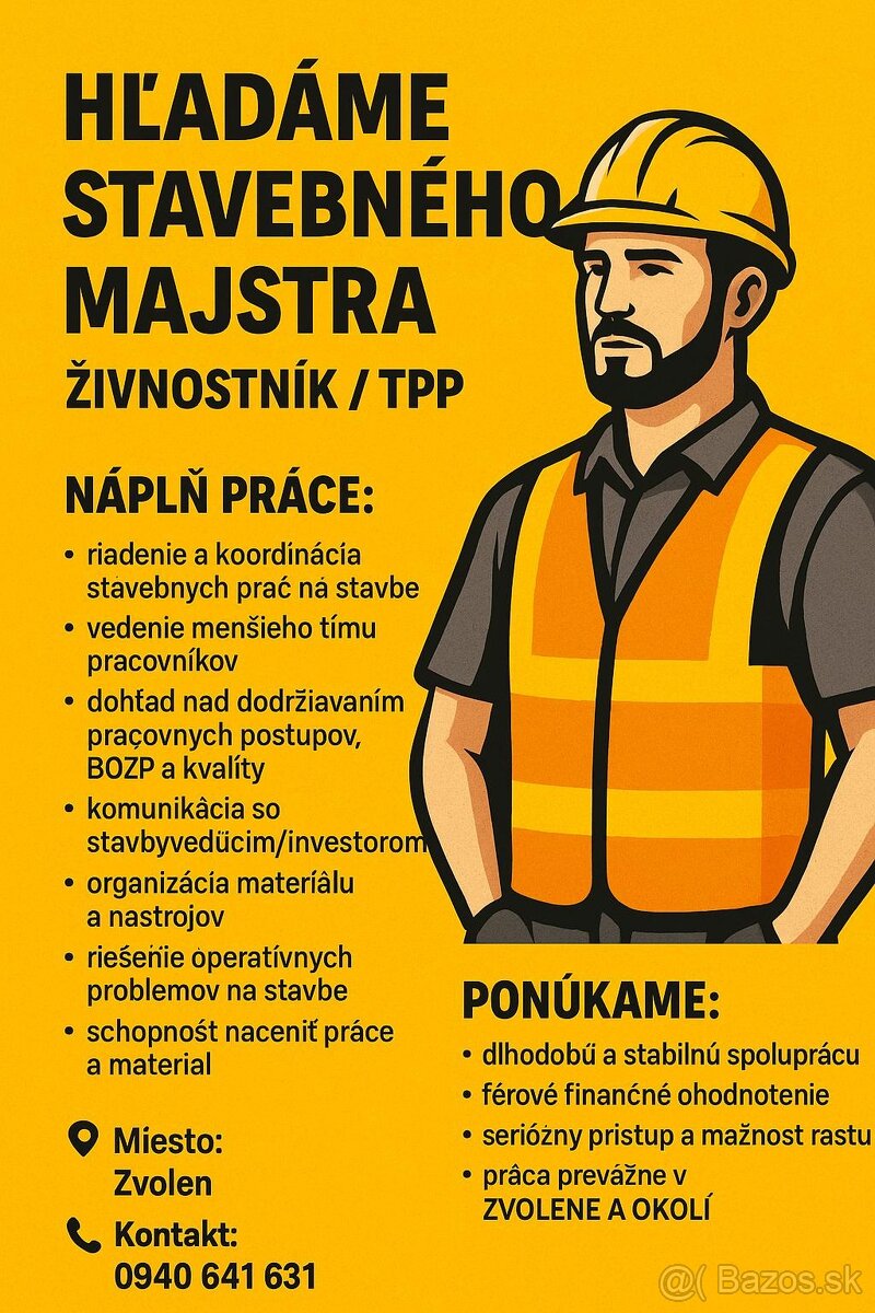 Hľadáme stavebného majstra – živnostník / TPP (ZV)