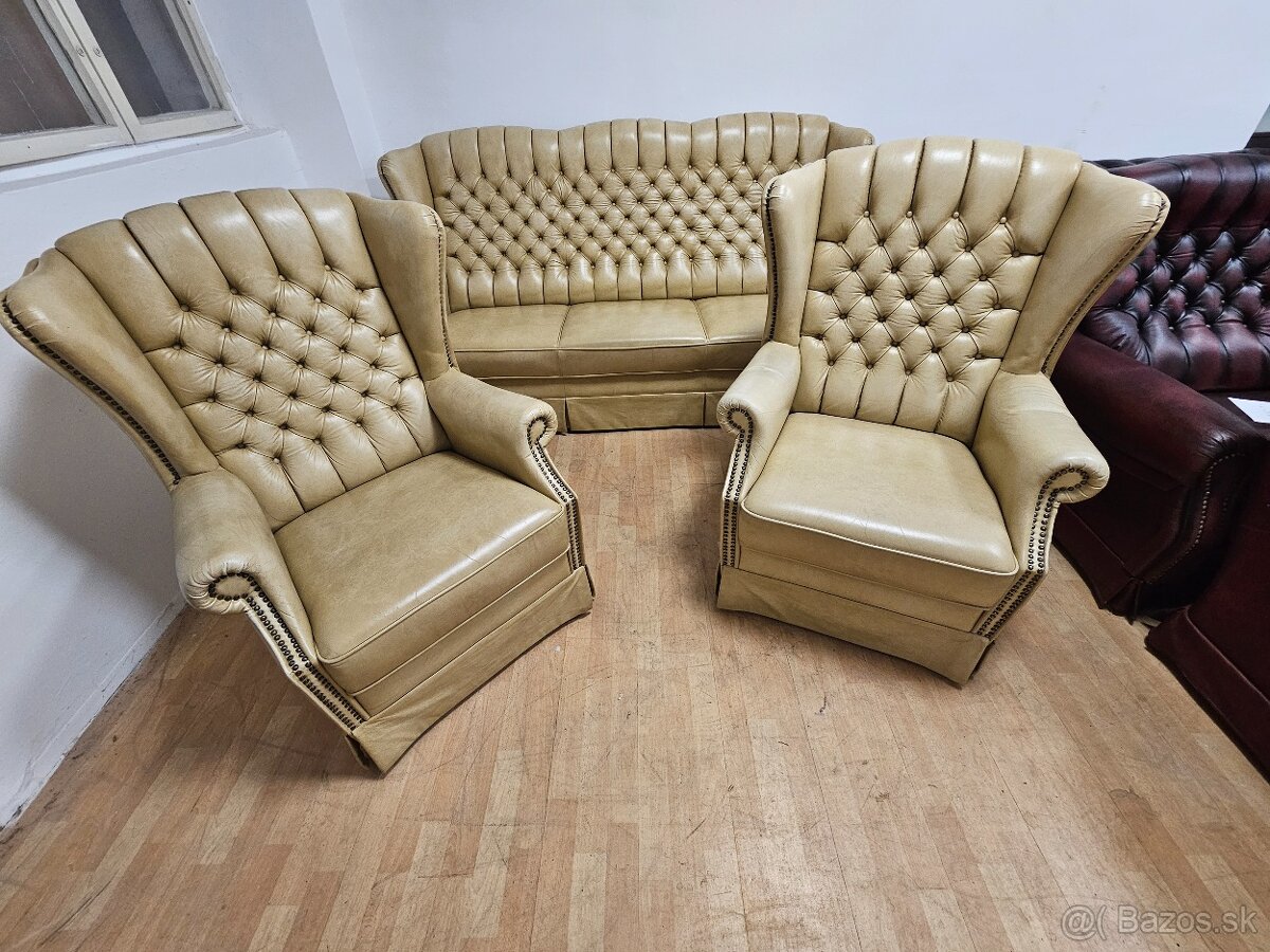 Chesterfield štý,kožená vysoká sedačka,3+1+1
