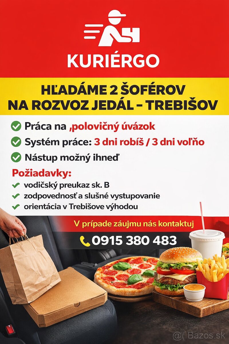 Prijmem šoféra na rozvoz jedál