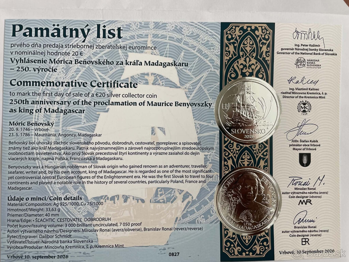 Pamätný list 2026 - Móric Beňovský