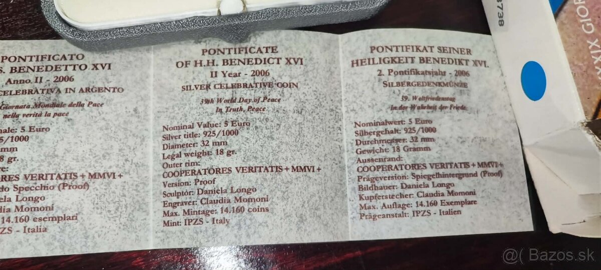 Vatikán Proof 5€, ročník 2006, Pontifikát pápeža Benedikta