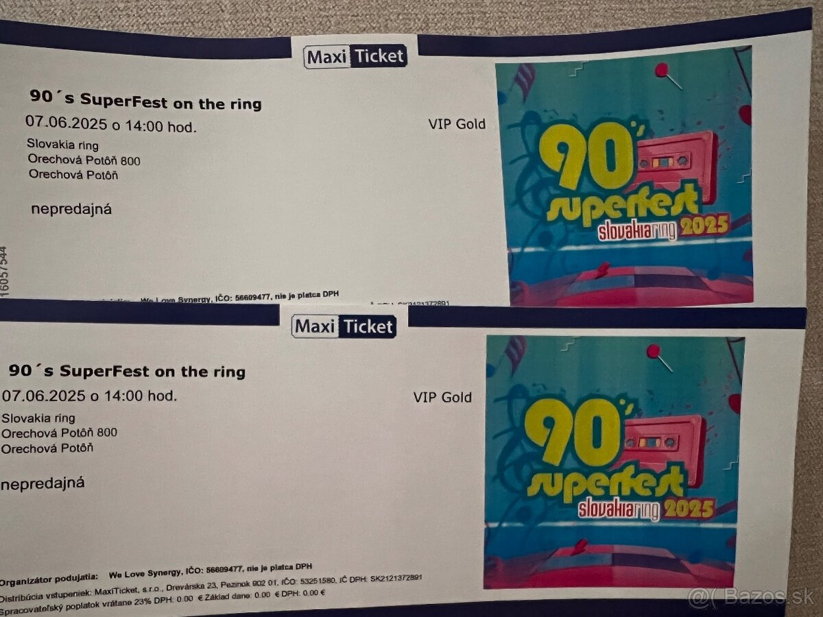 Predám vstupenky VIP Gold 90’ Super Fest