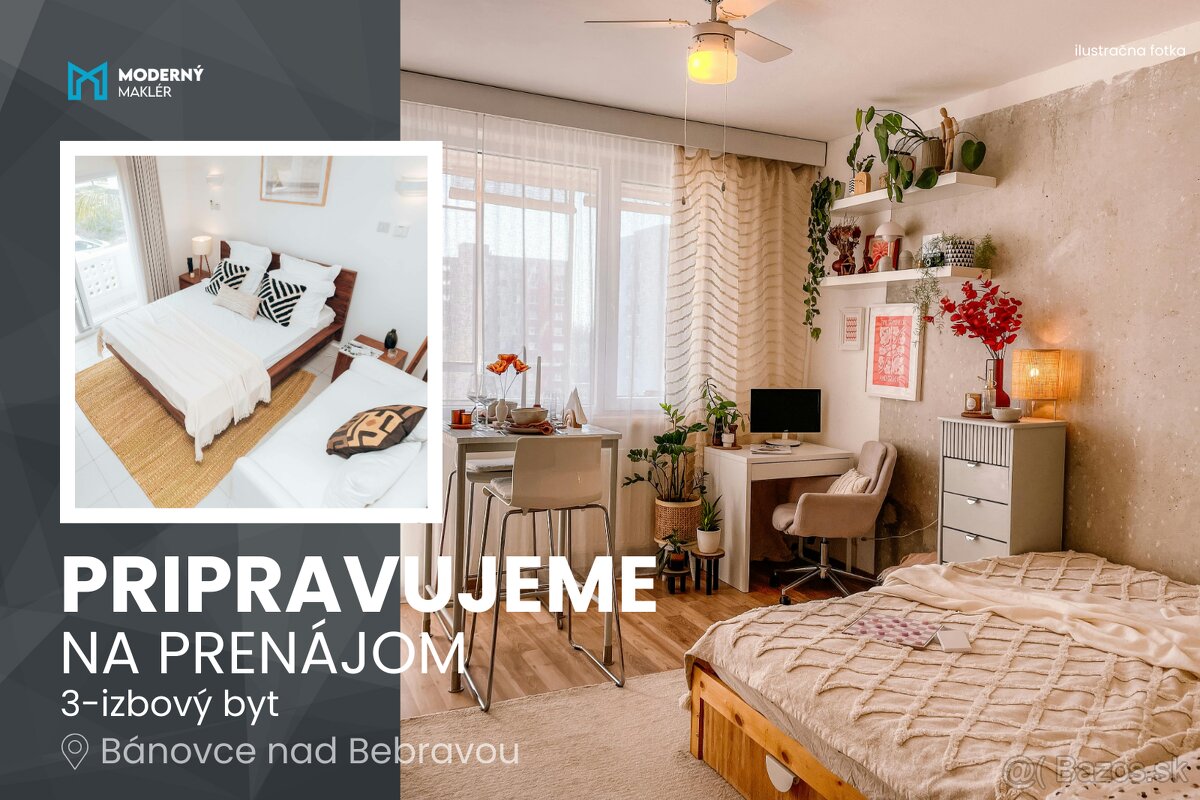 Na prenájom čiastočne zariadený 3-izbový byt v Bánovciach na