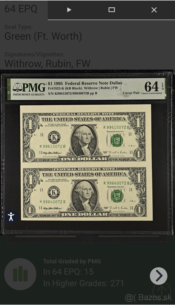 PMG 64 - KB Block 1922 / 1$ 1995 Federal