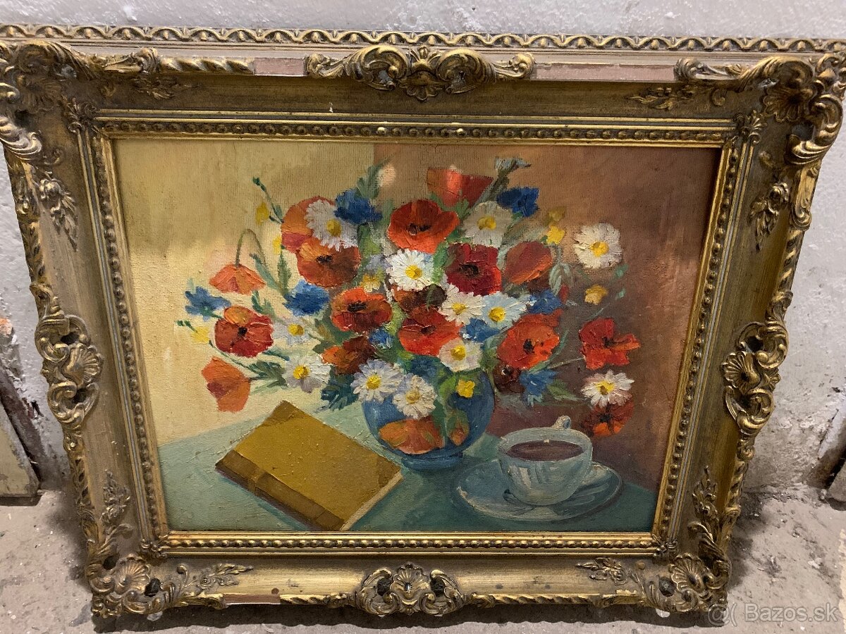 Olejomaľovaný obraz - Kytica kvetov, kniha a šálka kávy
