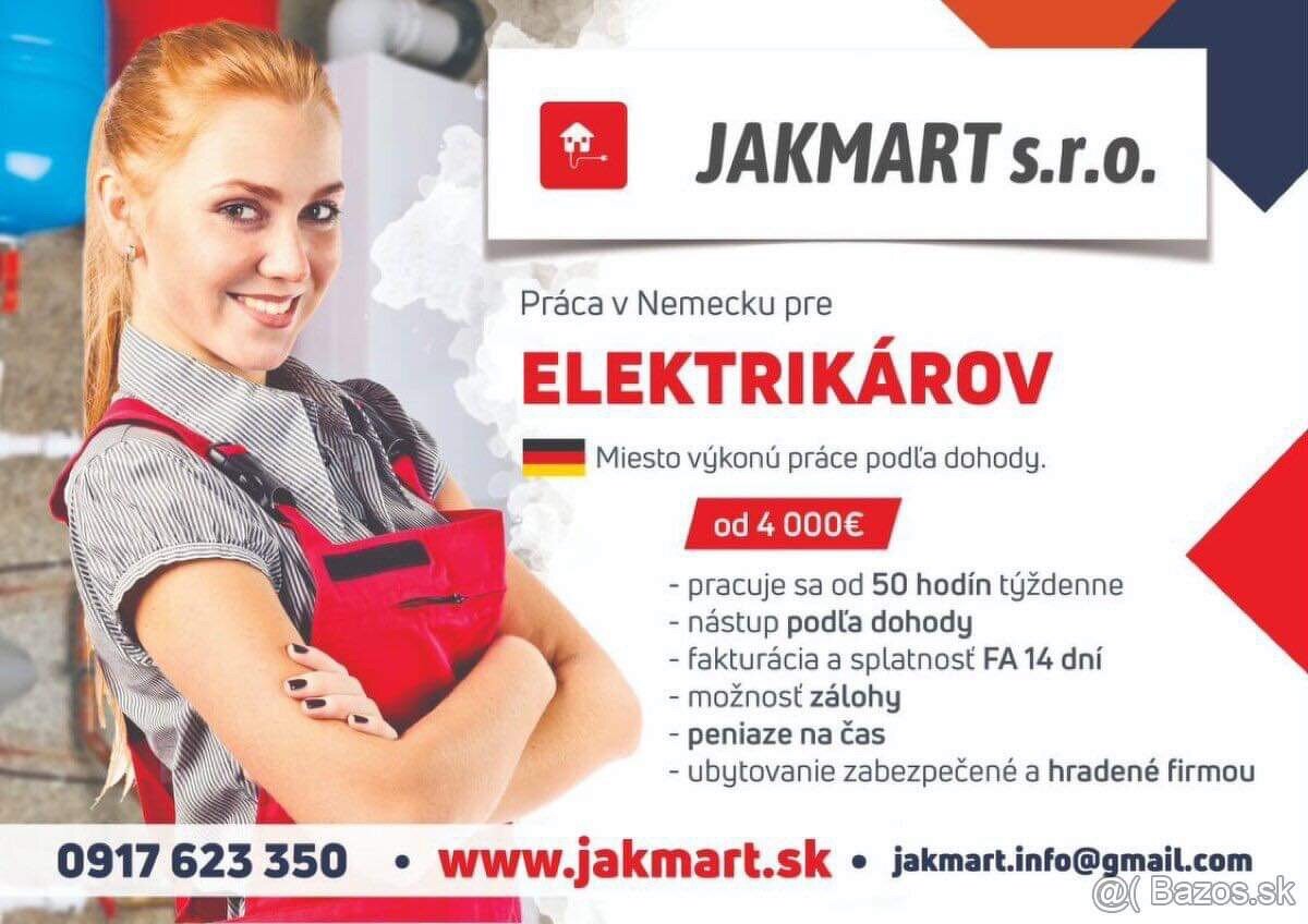 PRÁCA FRANCÚZSKO ELEKTRIKÁRI,VODÁRI,STAVBÁRI= JAKMART s.r.o.