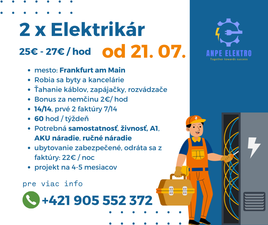 Elektrikár Nemecko - Frankfurt - 27€ - nástup 21. 07. 2025